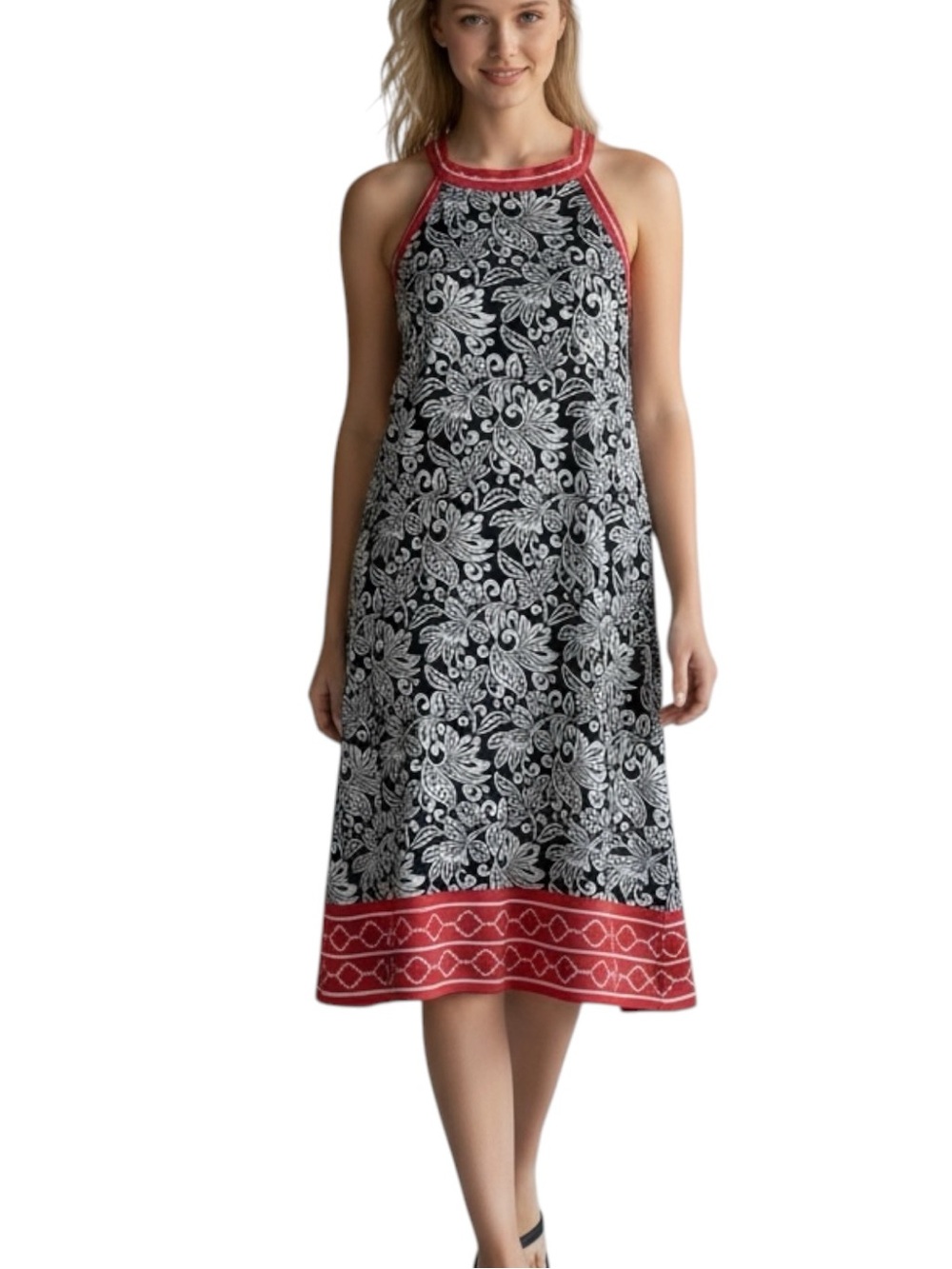Max Studio Black White Red Floral Sun Dress Vacation Cruise Size L